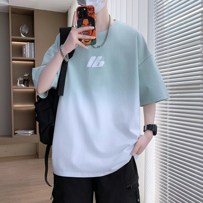 2025Summer New Men's Youth Casual Stylish Trendy Loose Short Sleeve T Shirt Gradient Color for Middle and High School Students