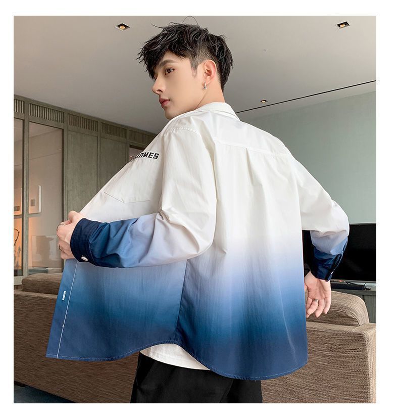 Gradient Long Sleeve Shirt for Men, Spring and Summer Loose Thin Jacket, Korean Style Trendy Casual ins Fashion Brand Sunscreen Shirt