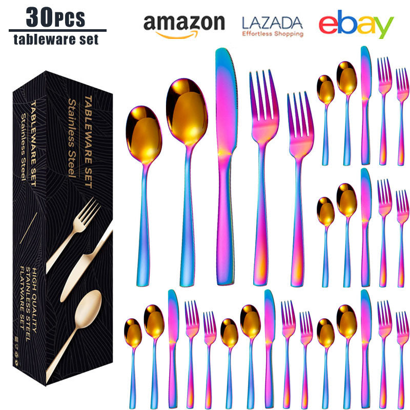 tatableware set Square Handle Stainless Steel Knife Fork Spoon Mail Order Box Color Box Set Titanium Coated Western Steak Knife Fork