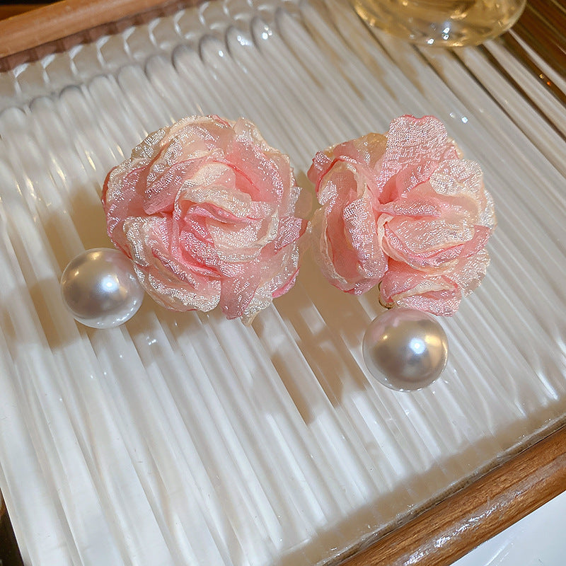 Resort Style Silver Needle Fabric Flower Tassel Earrings High-End Fashion Earrings Bohemian Sweet Exaggerated Ear Jewelry