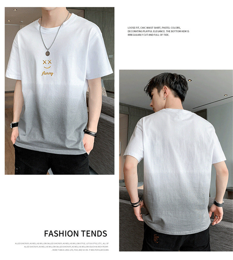 Leisure t Trendy Slim Fit T-Shirt Round Neck Gradient Print Short Sleeve Top T Men's Trendy Versatile Shirt ins Wind