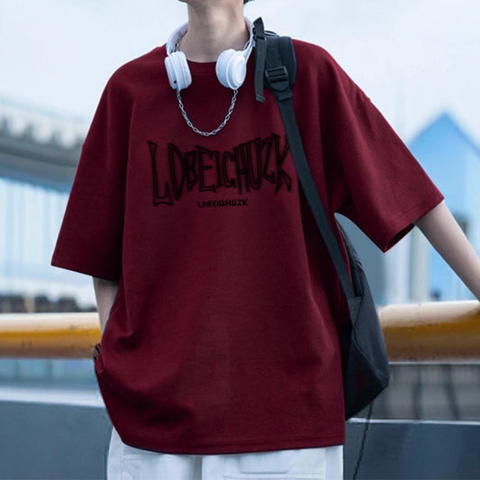 Heavy Cotton Wine Red Short Sleeve t Men's Summer T-shirt2025New American High Street Style T Loose Casual T-Shirt