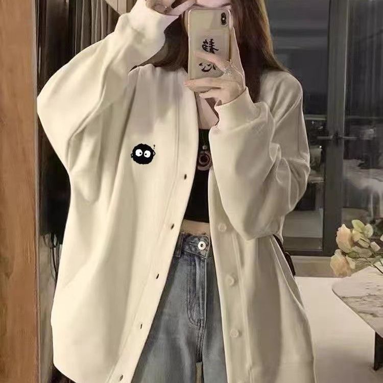 Cardigan Sweatshirt Jacket Women Baseball Jacket Loose Versatile Embroidery V Lazy Style Couple's Collared Top