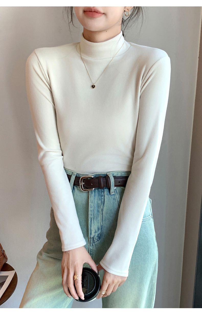 Half Turtleneck Double-Sided Thermal Base Shirt for Women, Spring and Autumn Style, Stylish Inner Wear, Solid Color, Fleece-Lined, Thickened, Warm Long-Sleeve Top