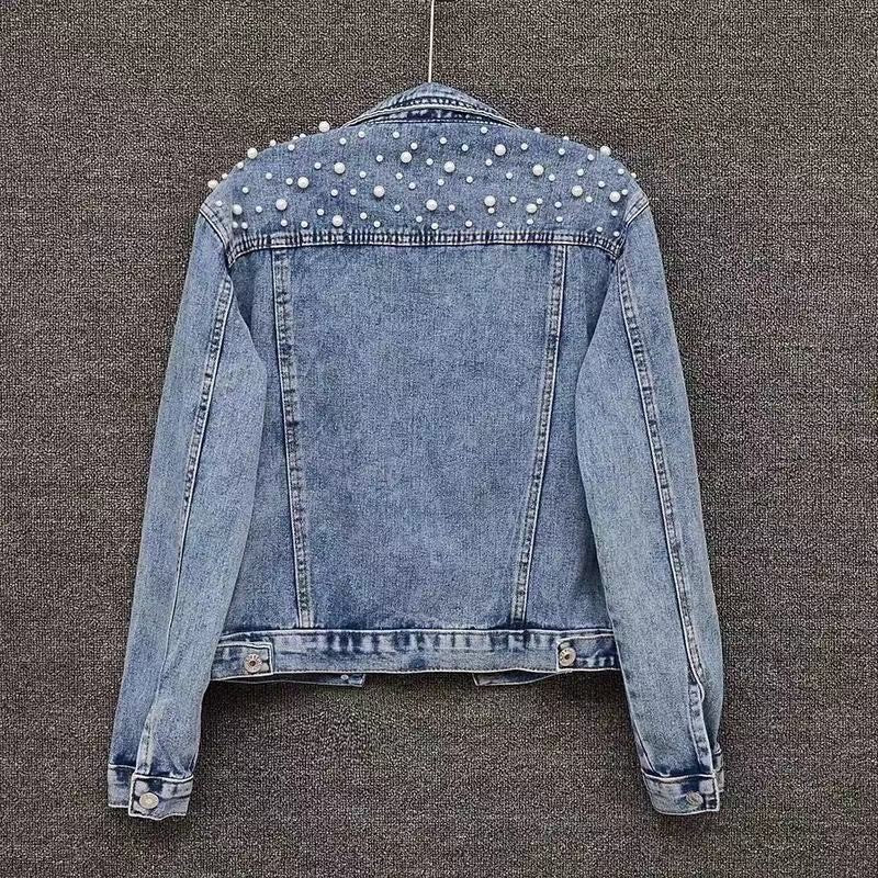 Amazon Cross-Border Southeast Asia Heavy Fashion Beaded Short Denim Jacket for Women Pearl Plus Size Jacket ns Top