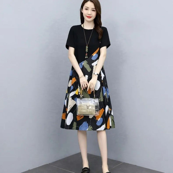 Summer Plus Size Fashion Patchwork Dress2025New Loose Slimming Belly-Covering Age-Reducing Elegant Fake Two-Piece Dress