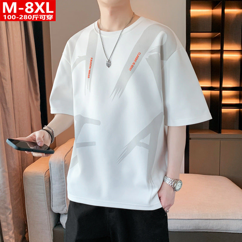 Summer Trendy Hong Kong Style Men's Printed Round Neck Short Sleeve T T-shirt Plus Size Loose Casual T-Shirt for Overweight Men