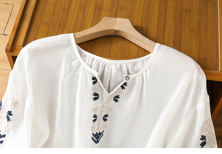 2025Summer New Vacation Ethnic Style Ramie Embroidered Round Neck Shirt for Women Loose Sun Protection Versatile Air Conditioning Shirt
