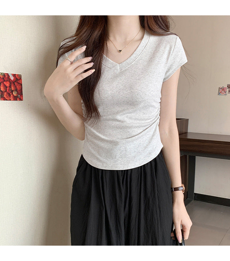 White Slim Fit Ruched t Women's Summer T-shirt2024New design with a structured shoulder and waist-cinching effect for a slimming look V Collar Short Sleeve Top