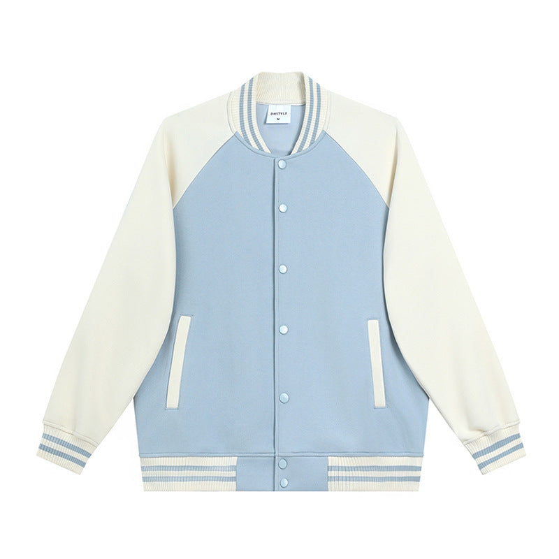 380g Trendy American Style Raglan Baseball Jacket Custom Spring Autumn Unisex Color Block Cardigan Workwear with Printing logo