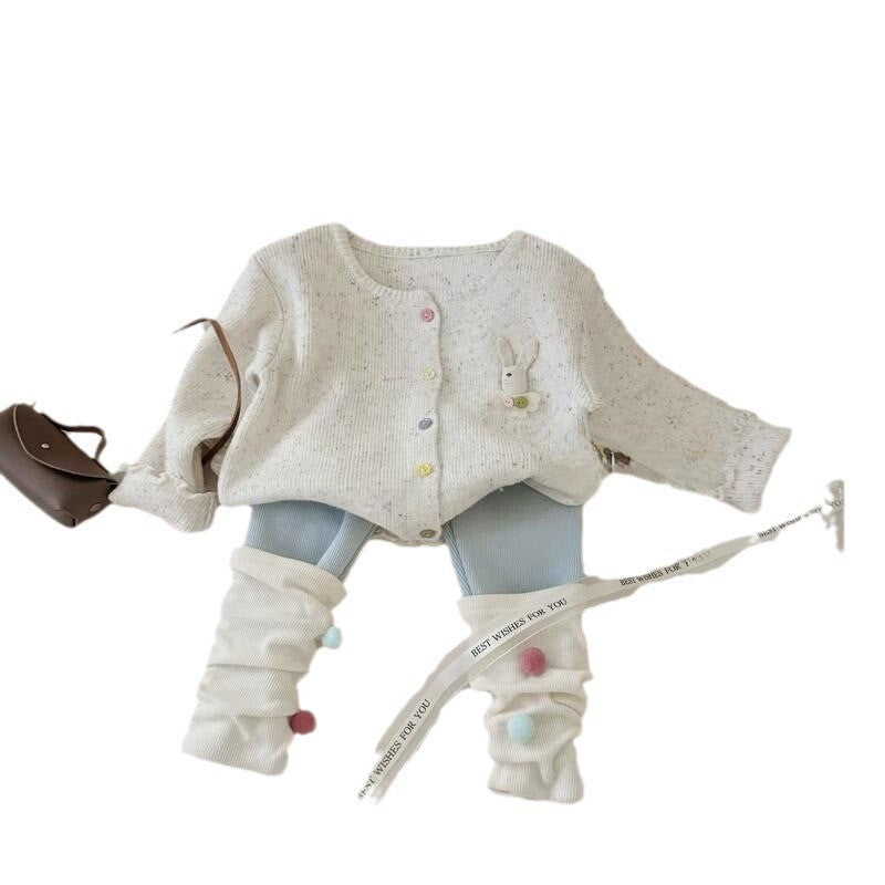 【Sweet Little Chef】Korean Children's Clothing Baby Girl 3D Rabbit Cardigan Sweater Jacket Ball Leggings Two-Piece Set