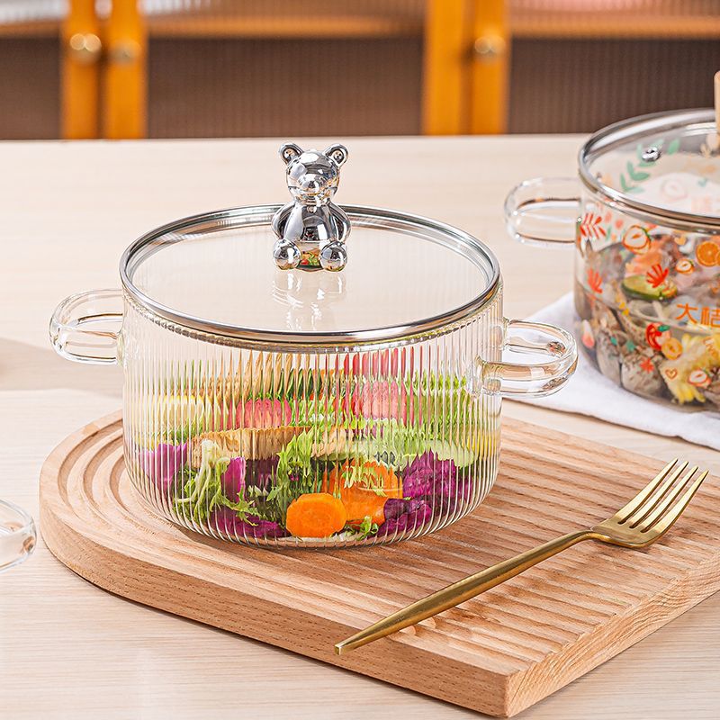 Creative Bear Double Ear Soup Pot Striped Pot Glass Transparent Health Pot Electric Ceramic Stove Heatable Instant Noodle Bowl Milk Pot