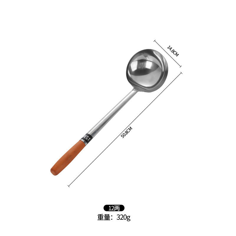 Stainless Steel Stir-Fry Spoon Chef's Stirring Spoon Long Handle Soup Spoon Serving Spoon Stir-Fry Spoon Kitchen Spatula Wooden Handle Pot Spatula Spoon