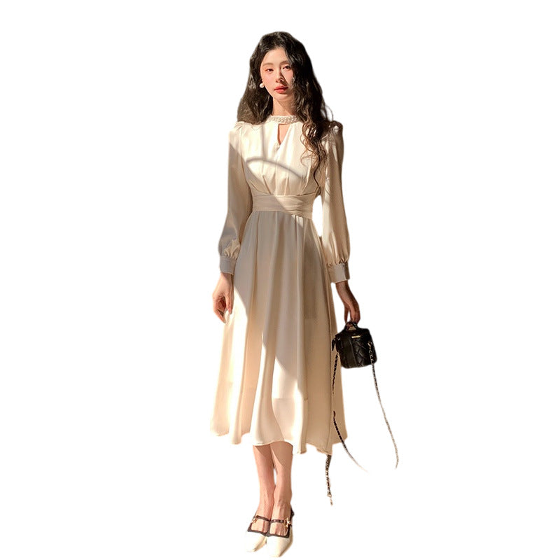French A Line skirt2025Spring and Summer New Women's Long Sleeve Dress Waist Slimming Elegant Acetate Satin Long Dress