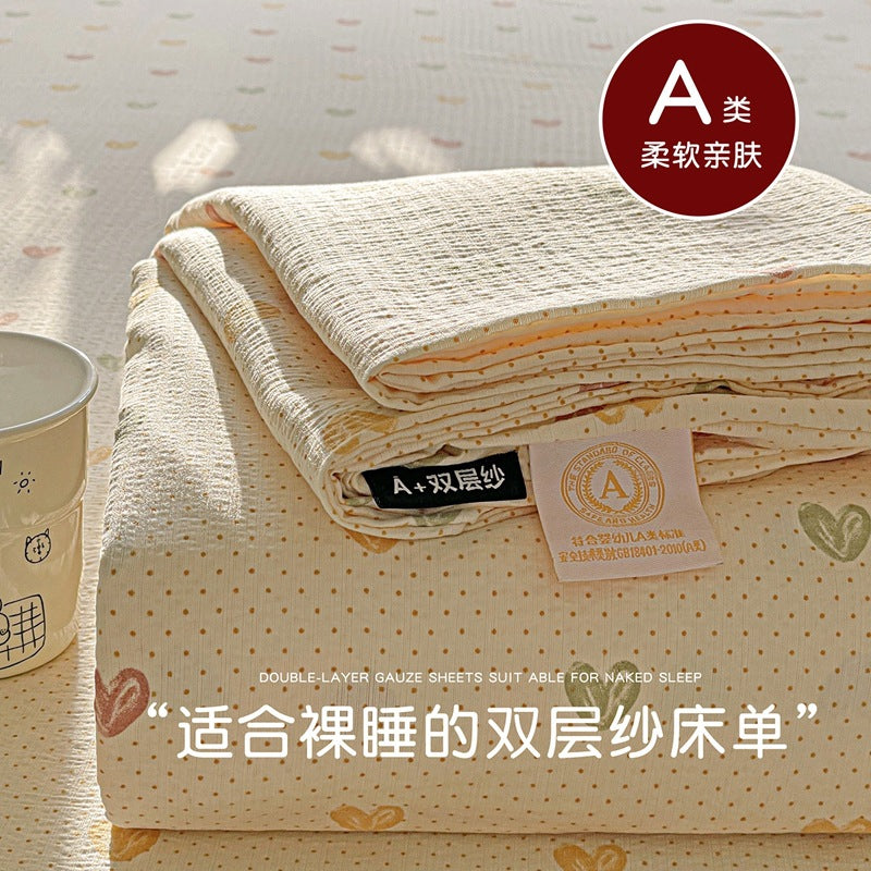 a Double-layer Gauze Bed Sheet Single Piece Fresh Style A Summer-style Naked Sleep Pillowcase Single Double Student Dormitory Three-piece Set