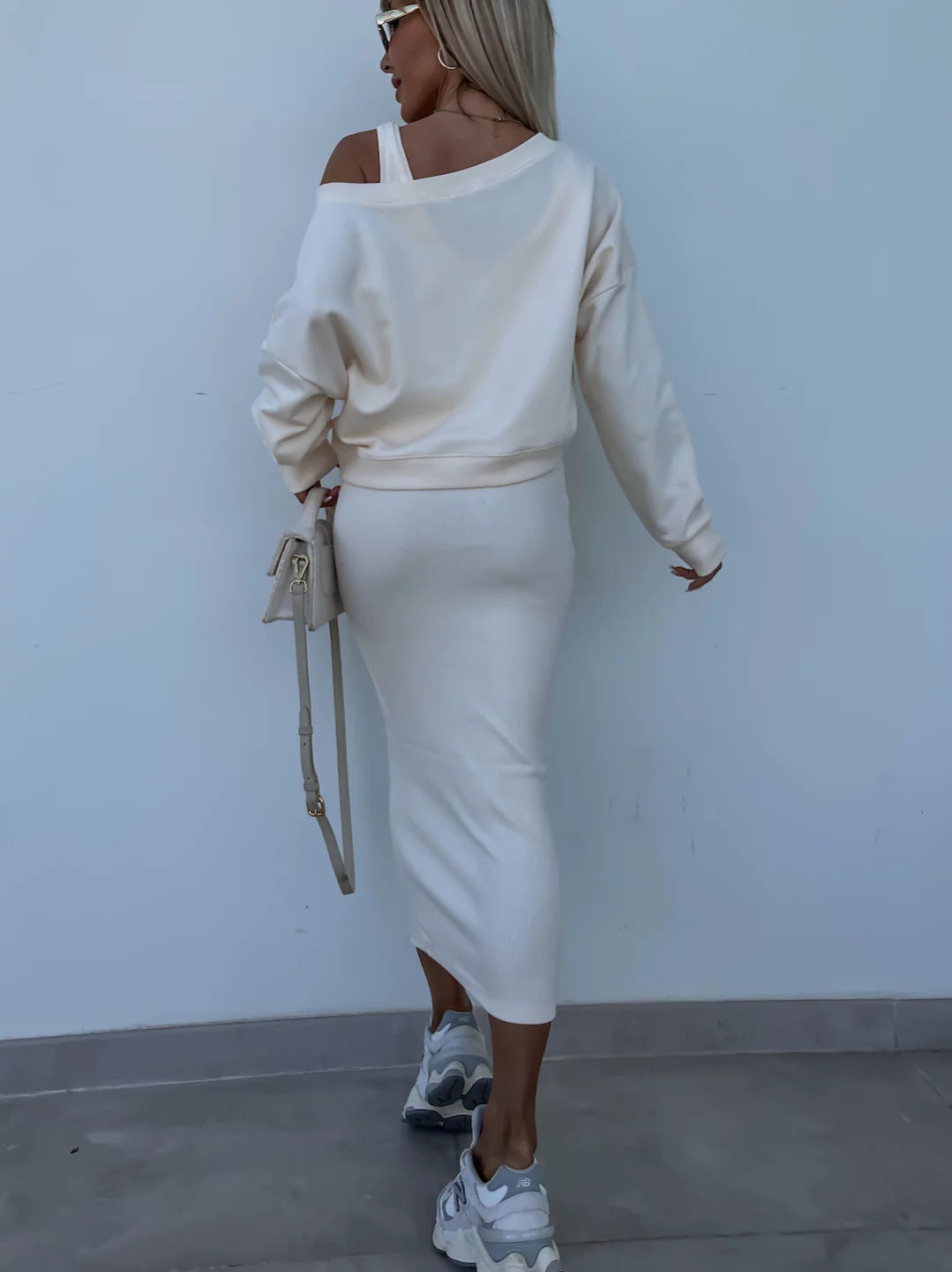 Amazon European and American Cross-Border New Spring Summer Women's Solid Color Clothing V Collar Long Sleeve Sweater Sling Slim Fit Long Dress2Set