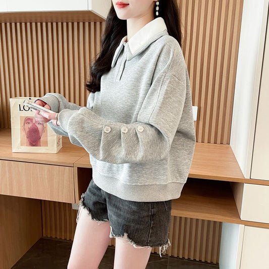 Contrast Color polo Women's Spring and Autumn Thin Sweatshirt2025New Loose Fit Short Design Top for Petite Figures