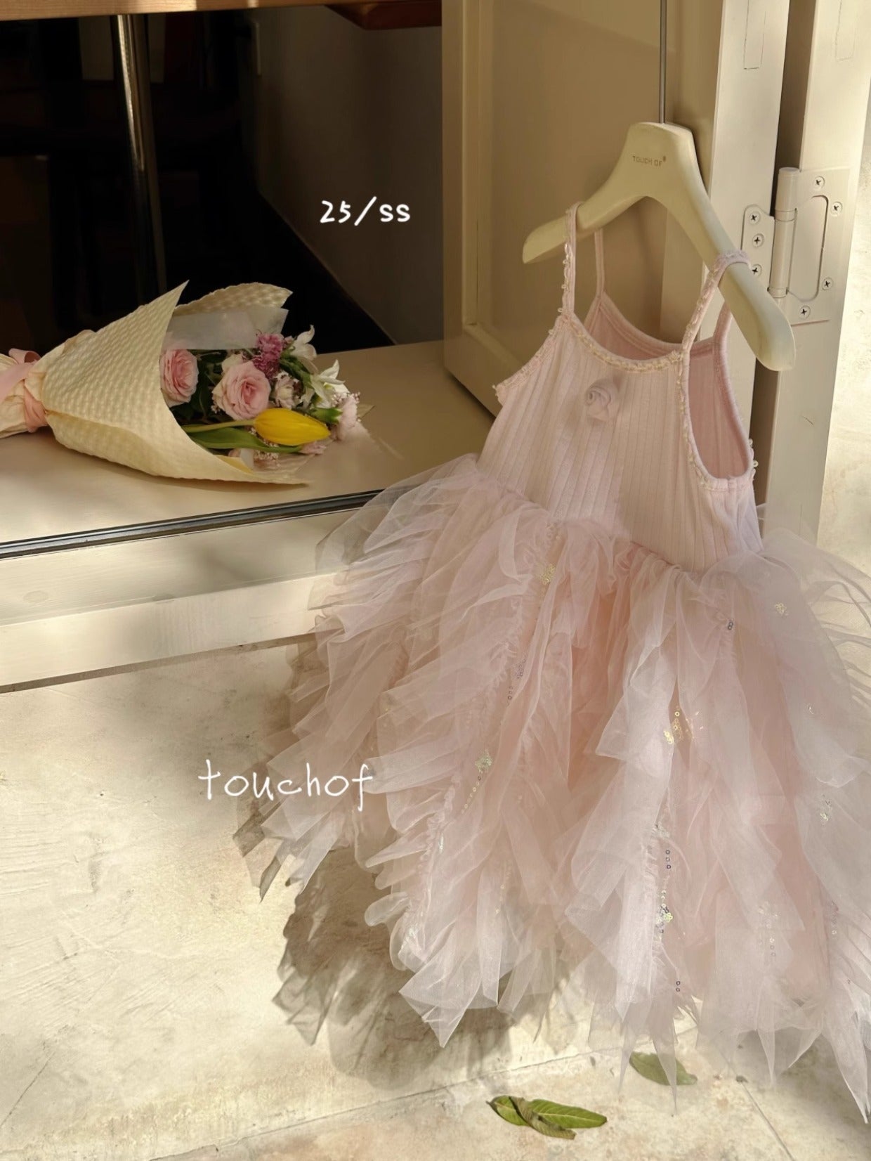 Girls Korean Style Cotton Strap Floral Mesh Princess Dress
