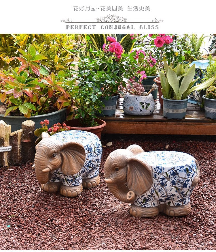 Cartoon Courtyard Animal Decoration Ornament Blue and White Elephant Stump Courtyard Garden Flower Pot Base Balcony Outdoor Chair