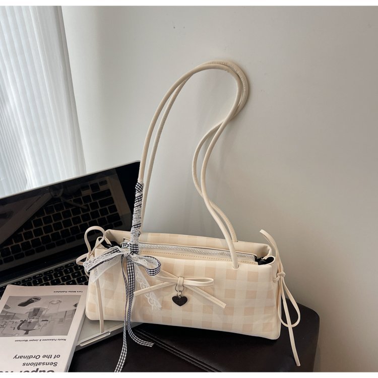 Dopamine Plaid Handbag Small Tote Bag for Women Summer2025New Ballet Style Bow Baguette Bag Underarm Bag Trendy