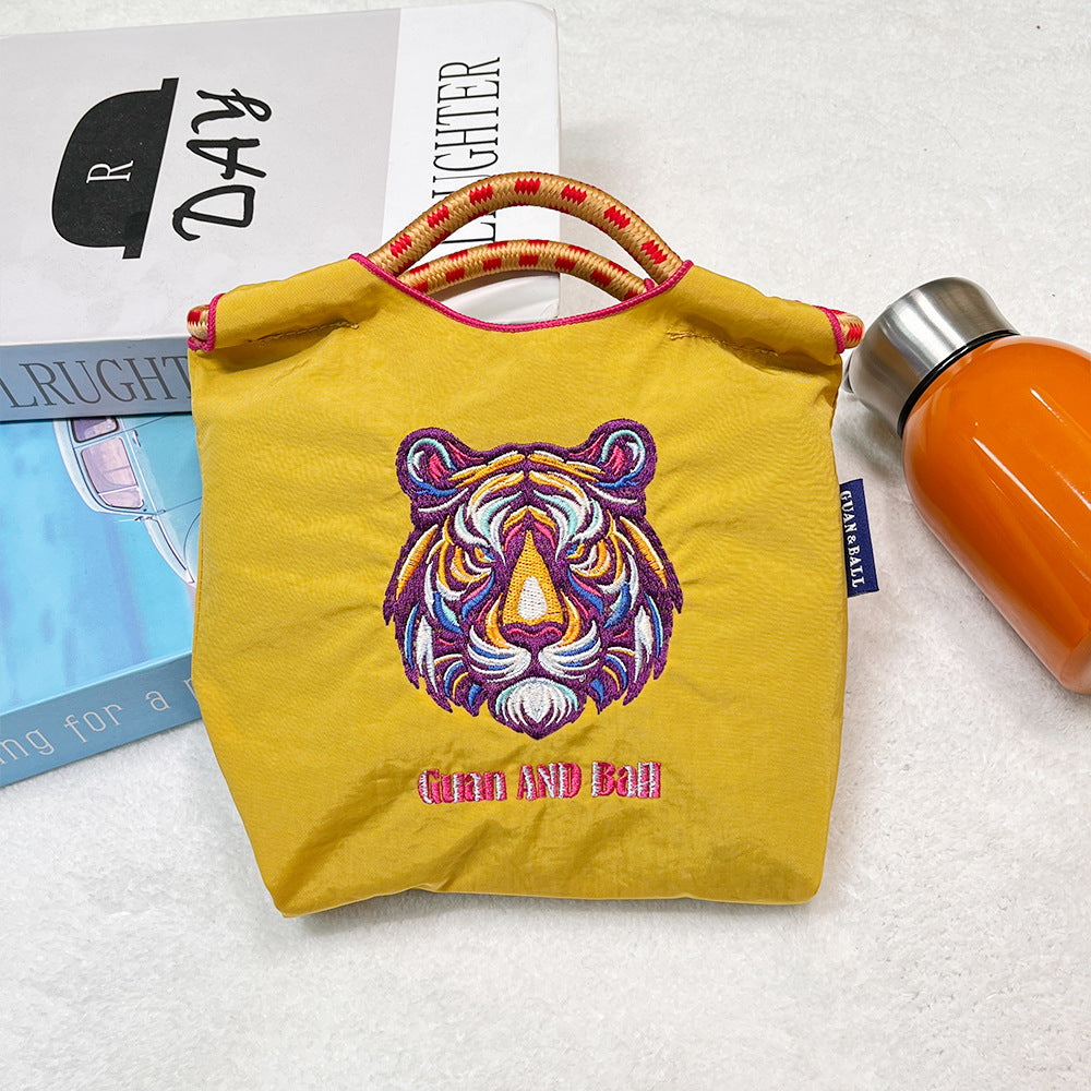 Japanese Style BallChain Same Style Eco-Friendly Embroidered Shopping Bag Nylon Fabric Floral Handheld Niche Fashion Shopping Bag