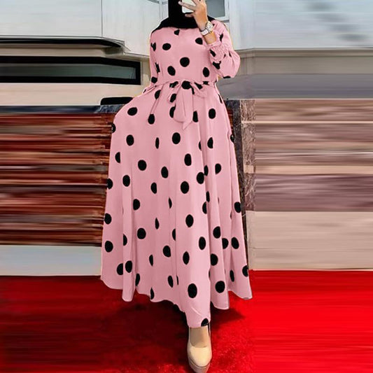 2025New Year's Amazon AliExpress Muslim Series Polka Dot Women's Long Sleeve Loose Big Hem Dress