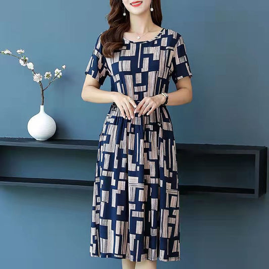 Cross-Border Summer Plus Size Short Sleeve Dress Women Printed Waist Slimming Mid-Length Elegant Dress Trendy