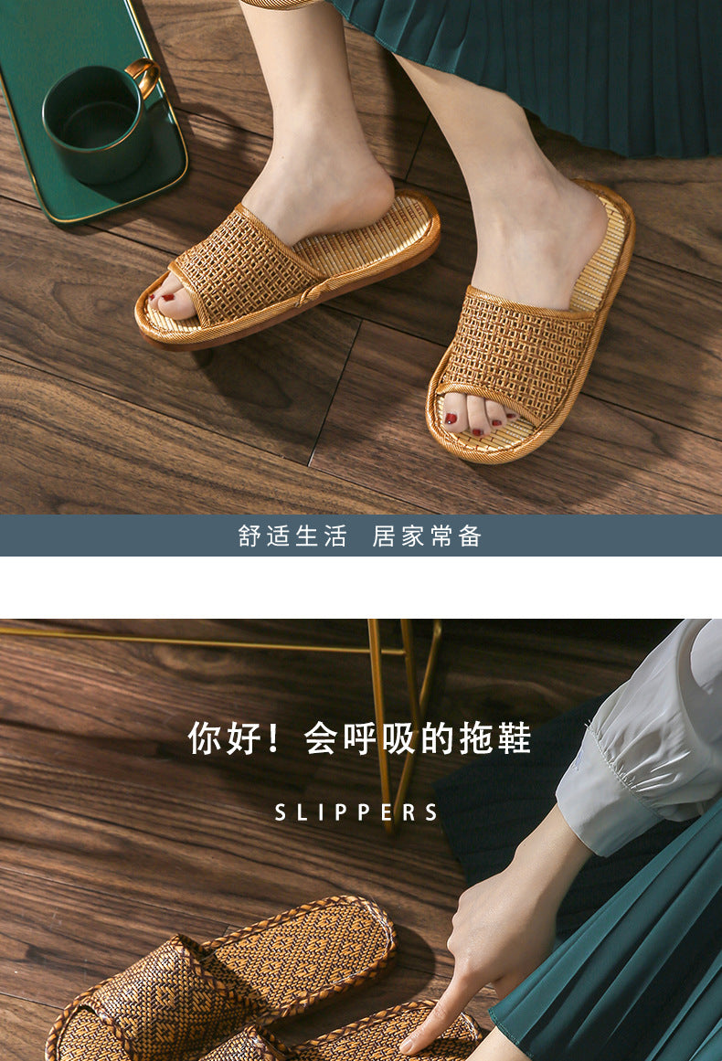 Home Rattan Grass Slippers for Women, Non-Slip Indoor Couple Slippers for Men and Women, Spring and Summer Bamboo Woven Sandals