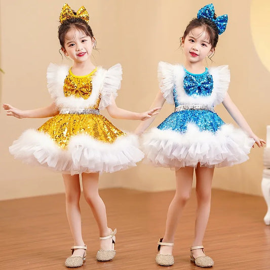 Children's Performance Costume Puffy Skirt for Girls New Sequin Tulle Skirt Kindergarten Dance Princess Dress Performance Costume for Girls