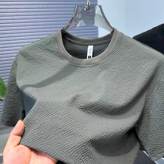 Summer New Bubble Gauze Texture High-end T Loose Round Neck Men's Short Sleeve T-Shirt T Solid Color Short Sleeve Versatile Top