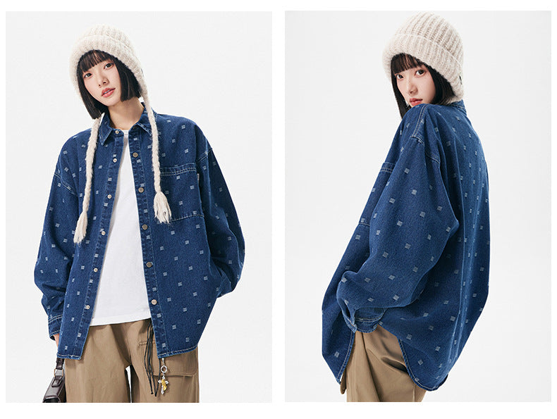 Pattern Jacquard Blue Denim Jacket Men Spring and Autumn Loose Casual Washed Shirt Long Sleeve Shirt Unisex