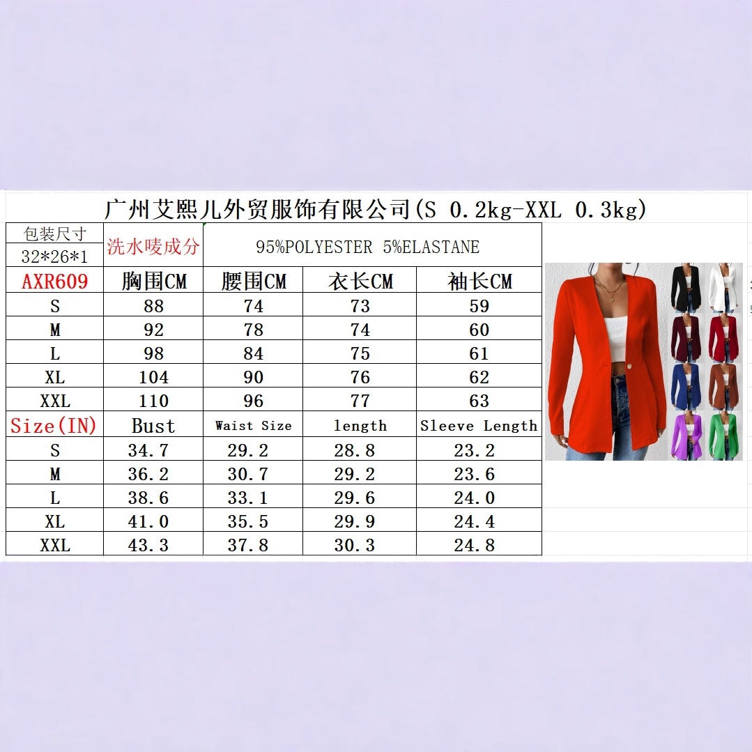 2025New Korean Fashion Style from Amazon Europe and America V Single Button Solid Color Long Sleeve Blazer