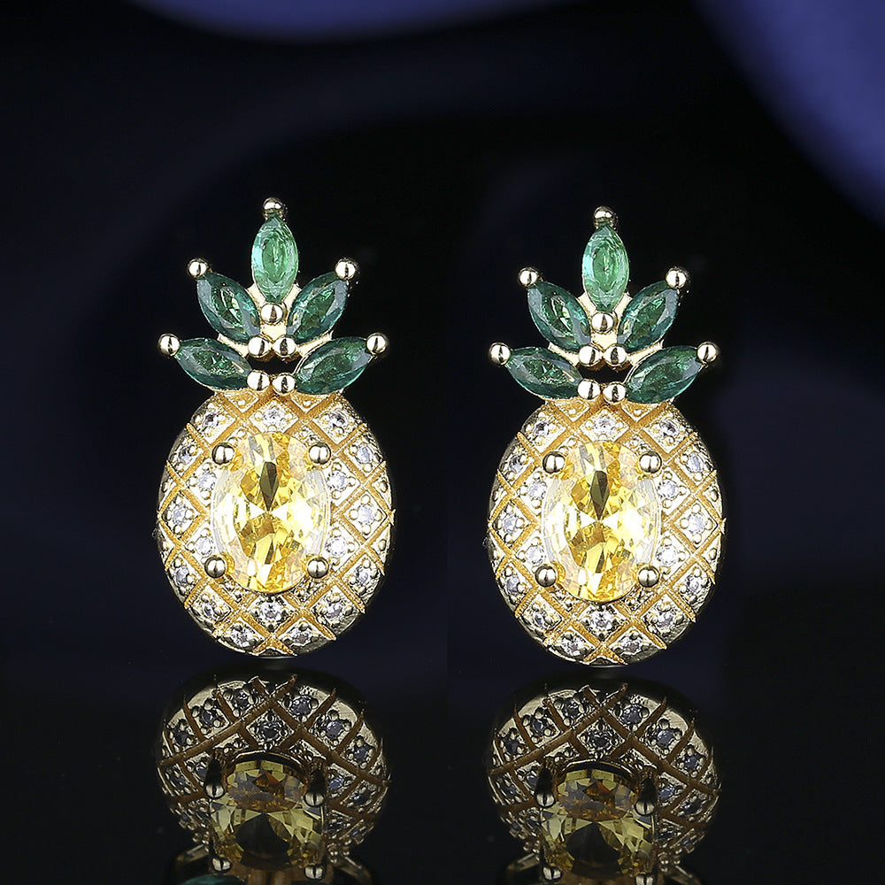 European and American Fashion Copper Plated K Gold Zircon Jewelry Luxurious Pineapple Versatile Set Cross-Border Women's Ring Necklace Earrings