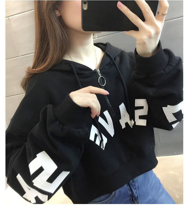 Half Zipper Hooded Short Petites Sweatshirt Women2025New Early Autumn Thin High-Waisted Stylish Streetwear Jacket Trend