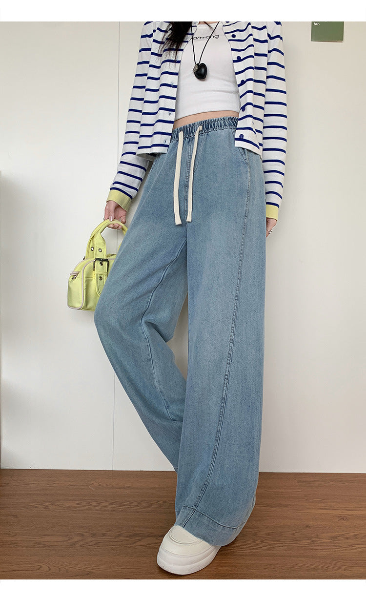 Tencel Jeans for Women Summer Thin Elastic Waist High Waist Draped Large Size Loose Straight Side Seam Front-Moved Wide-Leg Pants