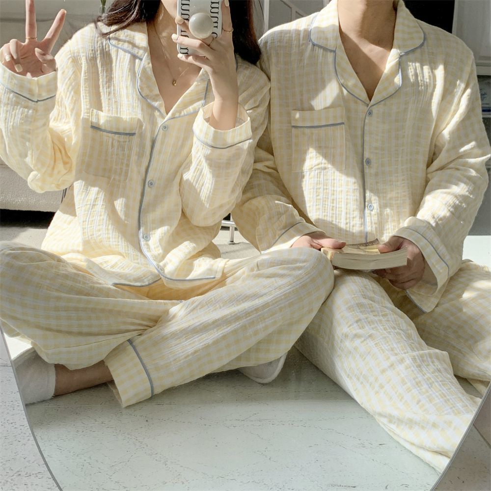 Spring and Autumn Japanese Style ins Color-Block Plaid Couple Pajamas for Women, Simple Outerwear, Cute Long-Sleeve Homewear, Men's Set