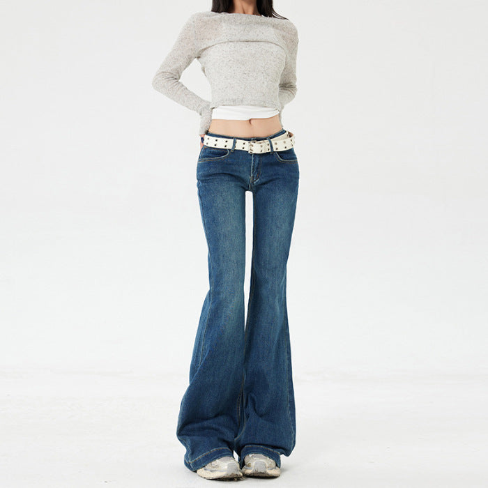 American Style Spicy Girl Retro Flared Jeans for Women Spring and Autumn2025New dark blue low-waist wide-leg floor-length pants