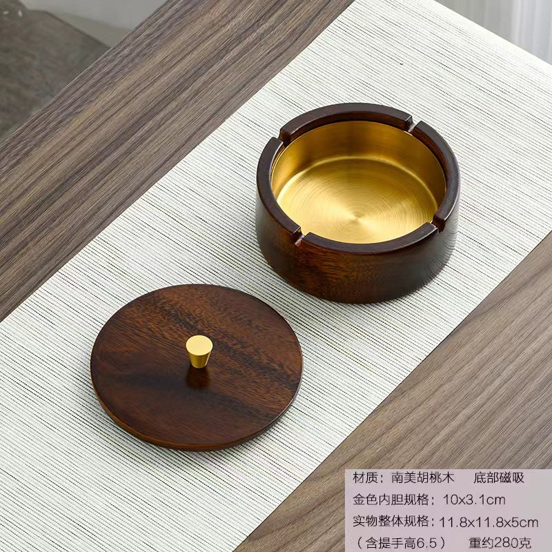 Walnut Ashtray for Home Living Room with Lid, Anti-Fly Ash, Stainless Steel Inner Liner, Creative Office Quality Ashtray