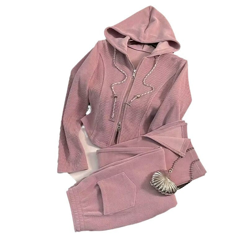 Casual Sports Suit for Women, Spring and Autumn New Loose Short Hooded Top with Draped Split Wide-Leg Pants Two-Piece Set