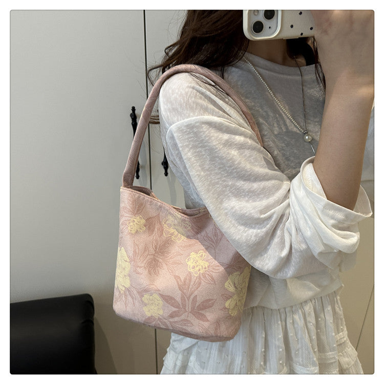 Lady's New Chinese Style Starlight Dream Tote Bag Black Shoulder Bag Embroidered Flower Vintage Handbag