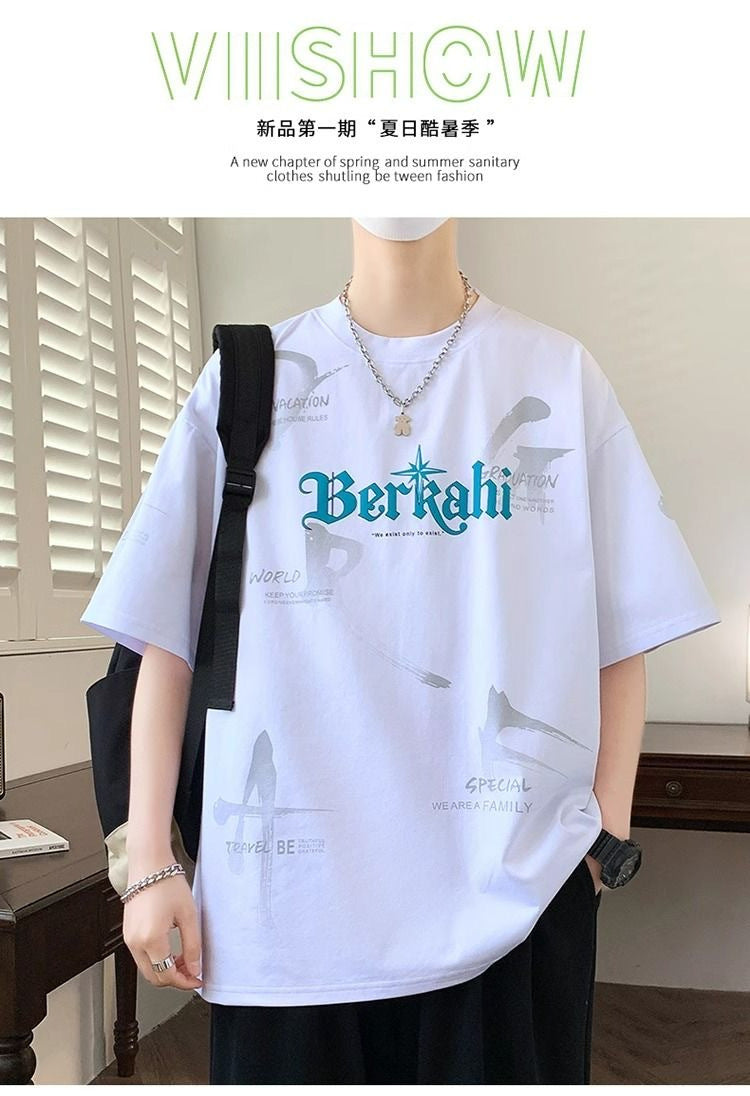 2025Summer New Men's Youth Casual Stylish Trendy Loose Short Sleeve T Shirt Gradient Color for Middle and High School Students