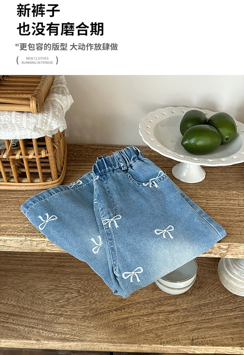 Girls' Pants Bowknot Print Jeans Wide Leg Straight2025Autumn New Fashionable and Stylish for Girls and Young Children