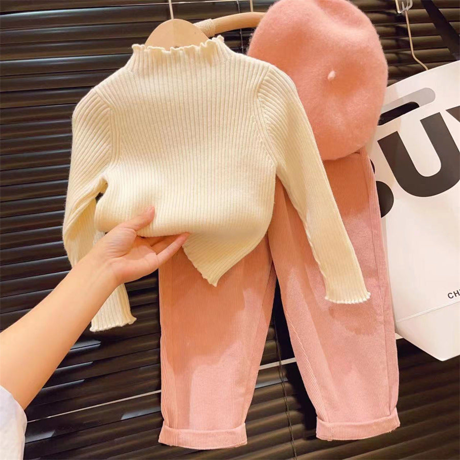 Little Salt Lemon Girl's Sweater Set Autumn Winter New Fashionable Baby Knitted Top One-Piece Fleece Jeans Two-Piece Set