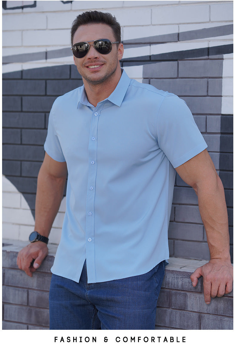 Plus Size Men's Clothing Fat Guy Summer Thin Short Sleeve Shirt Fat Brother Business Casual Loose Slightly Elastic Solid Color Professional Shirt