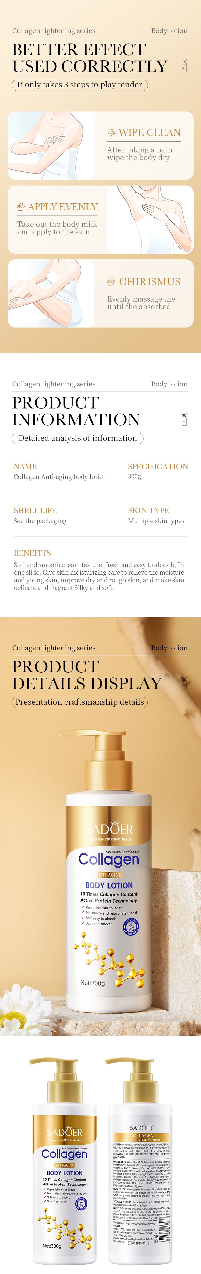 Full English Collagen Body Lotion300g SADOER Moisturizing, refreshing, and hydrating cross-border wholesale