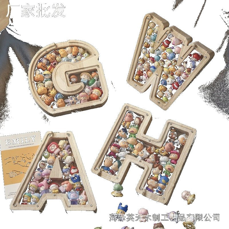 现货木质26个英文字母储蓄罐儿童小玩具收纳盒透明亚克力存钱罐子