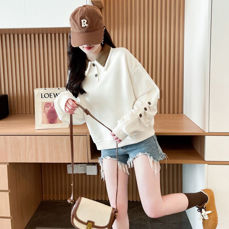 Contrast Color polo Women's Spring and Autumn Thin Sweatshirt2025New Loose Fit Short Design Top for Petite Figures