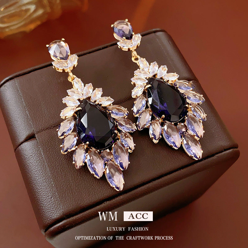 Medieval vintage Zircon Earrings Silver Needle Exaggerated Heavy Craft Flower Water Drop Studs Light Luxury High-end Feel Earrings for Women