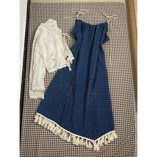 Sweet Style Irregular Denim Strap Dress Set for Women with Tassels a Long Skirt Thin Hollow Knit Cardigan
