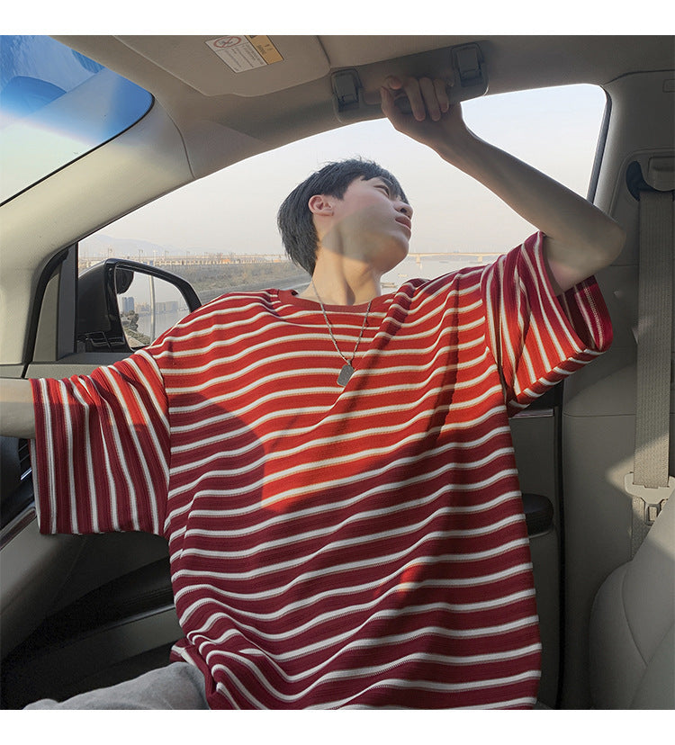 American striped short sleeve t Men's Summer Trendy Neck Loose Cotton